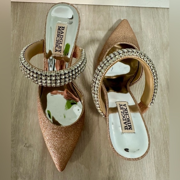 Badgley Mischka Rose Gold Glitter Crystal Strap Pointed Toe Heels Mules Women 7 - Picture 6 of 12